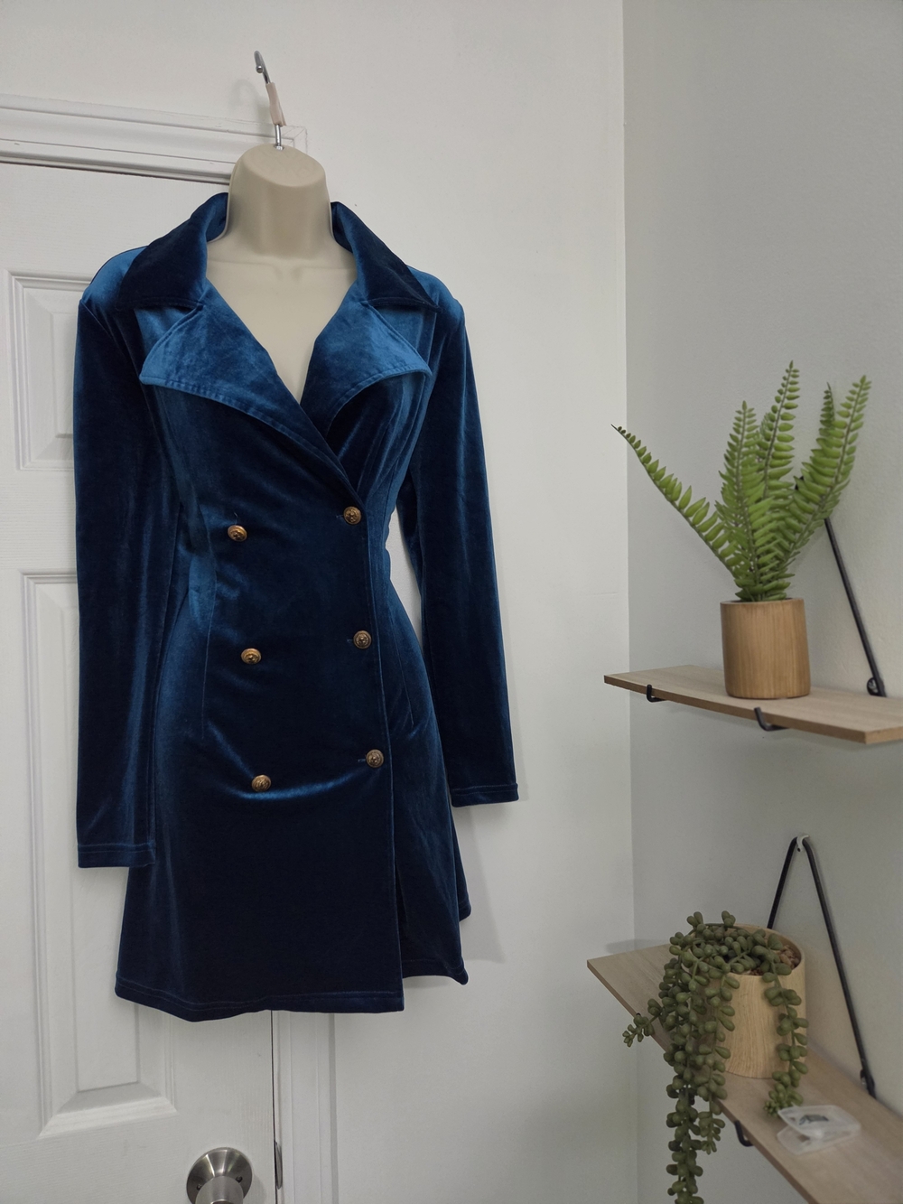 SHEIN Teal Velvet Double-Breasted Coat
